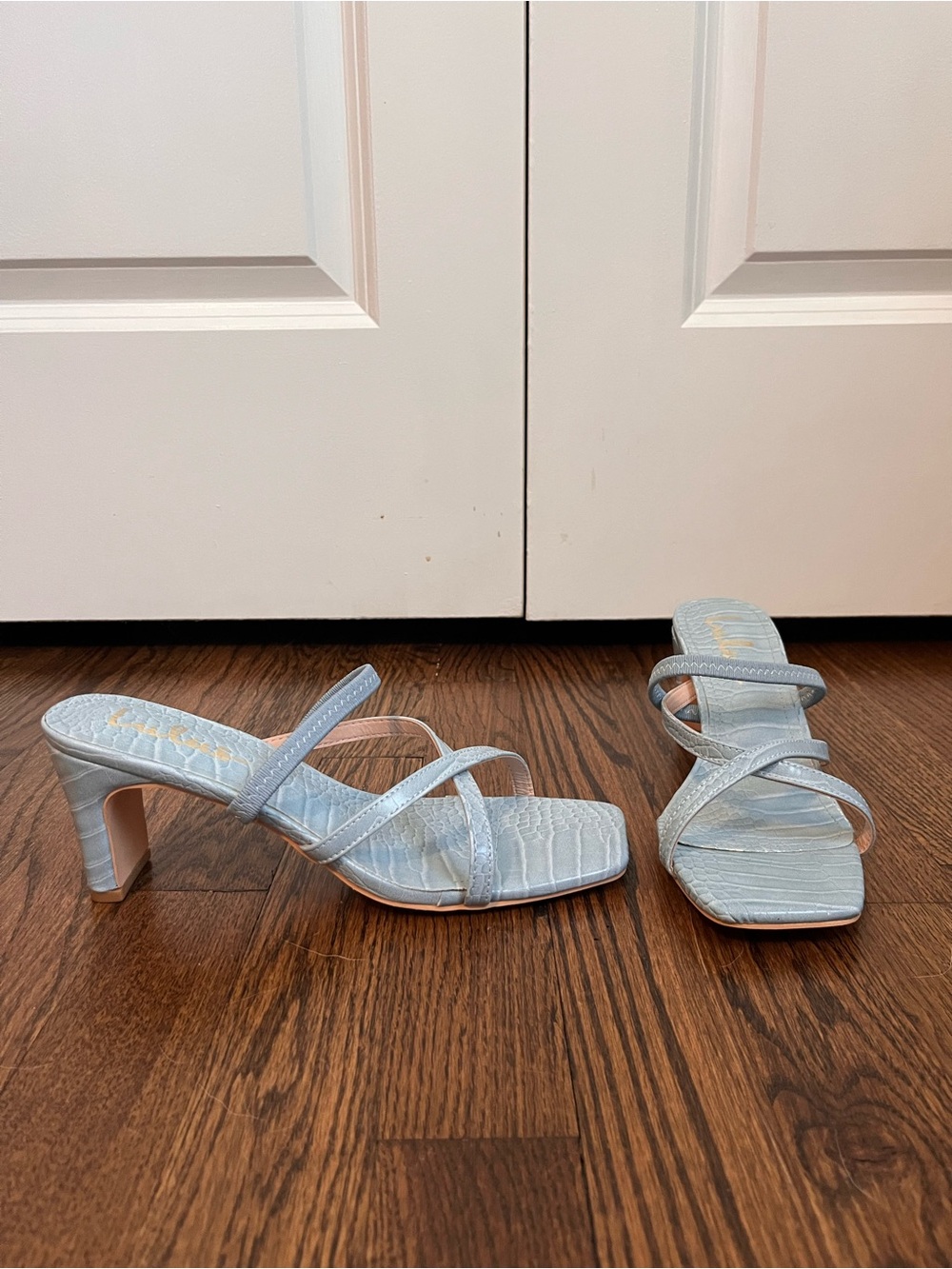 Lulus Pale Blue Croc-Embossed Strappy Sandals, 3” heel, size 8.5